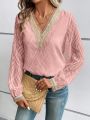 SHEIN VCAY Ladies Lace Patchwork Lantern Sleeves Shirt