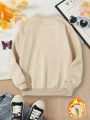 Tween Girls' Fashionable Round Neck Fleece-lined Sweatshirt With Flower And Letter Pattern