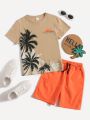 SHEIN Kids SUNSHNE Boys Palm Tree & Slogan Graphic Tee & Drawstring Waist Shorts