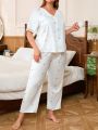 Women'S Plus Size Patchwork Embroidery Mesh Pajama Set