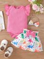 Baby Girl Round Neck Ribbed Knit Romper And Butterfly Bow Front Skirt Summer Two Piece Set
