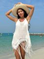 SHEIN Swim Vcay Women's Solid Color Crochet Fringe Cover Up