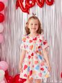 SHEIN Kids QTFun Little Girls' Heart Print Patchwork Ruffle Hem Short Sleeve Dress