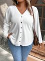 SHEIN LUNE Plus Size Button Design Long Sleeve Casual T-Shirt