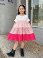 SHEIN Kids HYPEME Young Girls' Color Block & Ruffle Sleeve Splicing Dress, Perfect For Spring And Summer Street Style