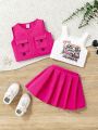 SHEIN Baby Girls' Leisure Solid Color Vest + Pleated Skirt + Car & Letter Print Tank Top 3pcs Outfits
