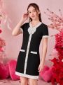 Teenage Girls' Colorblock Button Detail Bowknot Decor Dress With Rolled Hem