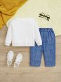 SHEIN Infant Unisex Casual Solid Color Long Sleeve Sweatshirt And Elastic Waist Jeans Styled Trousers Set