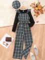 Girls' Round Neck Long Sleeve T-Shirt, College Style Plaid Jumpsuit & Hat Set, Autumn/Winter