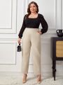 SHEIN Privé Women's Solid Color Button Decoration Plus Size Elegant Long Pants