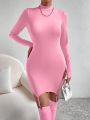 SHEIN Privé Solid Color Stand Collar Bodycon Long Sleeve Dress