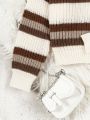 SHEIN Kids HYPEME Girls' Fashionable Knitted Three Piece Set For Autumn And Winter, Including Striped Sweater And Skirt