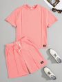 SHEIN Teen Boy Casual Short-Sleeved Woven Patchwork Top And Shorts Set With Slant Pockets, Multiple Pieces