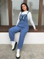 SHEIN Qutie Plus Size Denim Blue Butterfly Applique Embroidery Jumpsuit