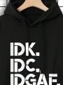 Men's Slogan Print Hooded Sweatshirt And Sweatpant Set With Drawstring