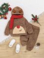 SHEIN Baby Boy Cartoon Embroidery 3D Ears Design Teddy Hoodie & Pants & Scarf