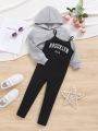 SHEIN Kids Cooltwn Young Girl's Casual Cool Short Hoodie And Letter Printed Sleeveless Jumpsuit With Solid Color