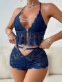 Chain Detail Backless Lace Halter Top & Shorts PJ Set