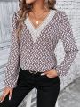 SHEIN LUNE Ladies Patchwork Lace Webbing All Over Printed V-Neck Shirt