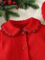 SHEIN Kids FANZEY Young Girl Christmas Tree Patched Contrast Plaid Trim Peter-pan Collar Overcoat & Hat