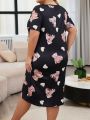 Plus Size Women's Soft Fabric Short Sleeve Sleep Dress With Love Bear Print