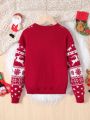 SHEIN Tween Girl Christmas Elk & Heart Pattern Drop Shoulder Sweater