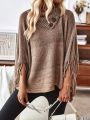 Button Detail Fringe Trim Batwing Sleeve Cowl Neck Poncho Sweater