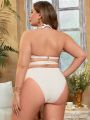 SHEIN Swim Chicsea Women'S Plus Size Solid Color Textured Backless Halter One Piece Swimsuit