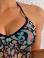 Women'S Backless Halter Neck Crop Top In Cashew Flower Print Swimsuit