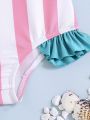 SHEIN Baby Girl Casual Striped Watermelon Color Block Sleeveless Swimsuit Bodysuit