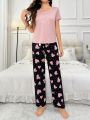 Heart Printed Short Sleeve T-Shirt And Long Pants Pajama Set