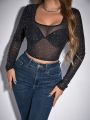 SHEIN BAE Mesh Sheer Top With Rhinestone Decor