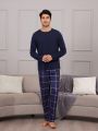 Men'S Solid Color Long-Sleeved T-Shirt And Plaid Trousers Loungewear Set