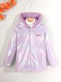 Tween Girl 1pc Reversible Letter Patched Zip Up Thermal Lined Hooded Coat