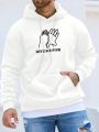 Extended Sizes Men Plus Slogan & Hand Print Kangaroo Pocket Drawstring Hoodie