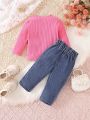 Baby Girl 2pcs Solid Color Undershirt And Jeans