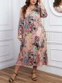 Plus Size Full Blooming Flower Print Long Sleeve Dress