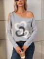 SHEIN LUNE Women'S Heart Printed Asymmetrical Shoulder T-Shirt