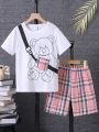 SHEIN Kids QTFun Boys Bear Print Tee & Plaid Shorts