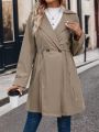 Lapel Neck Double Button Drawstring Waist Trench Coat