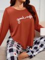 Plus Size Casual Rust Orange Long Sleeve Sleepwear Top