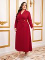 SHEIN Modely Plus Size Women'S Shawl Collar Long Sleeve Dress