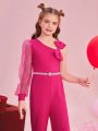 SHEIN Kids CHARMNG Girls' Knitted Solid Color Oblique-Shoulder Jumpsuit With Mesh & Bowknot Decoration