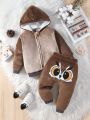 New Arrivals Owl Pattern Baby Boy's Plush Warm Hoodie And Pants Set For Fall And Winter
