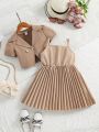 SHEIN Kids FANZEY Little Girl'S Lapel Double-Breasted Blazer Pressed Pleat Patchwork Cami Dress