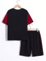 SHEIN Kids EVRYDAY Teenage Boys' Casual Street Knit 2pcs/Set Letter Print Round Neck Pullover T-Shirt And Shorts With Color Blocked Design