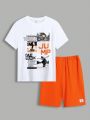 SHEIN Teen Boys' Street Style Casual Letter Printed T-Shirt With Woven Label Short Set