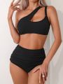 SHEIN Swim BAE One Shoulder Ribbed Knit Ruched Bikini Swimsuit Set