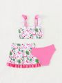 Young Girl's Swimsuit Set With Plant Print And Bow Decoration