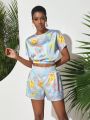 Shwetha Anand Designs Abstract Floral Batwing Crop Top And Paper Bag Shorts